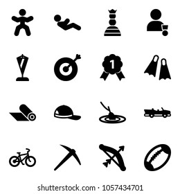 Solid vector icon set - gymnastics vector, abdominal muscles, chess queen, winner, pennant, target, gold medal, flippers, mat, cap, fishing, cabrio, bike, axe, bow, football