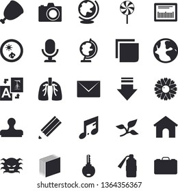 Solid vector icon set - ham flat vector, lollipop, flower, tree leaf, earth, barcode, virus, lungs, sticker, pencil, Petri dish, camera fector, house, download, translate, stamp, fire extinguisher