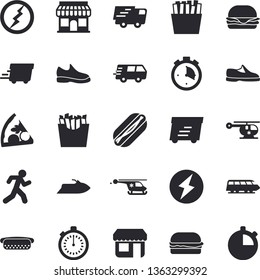 Solid vector icon set - hamburger flat vector, hot dog, pizza, French fries, store front, trucking, express delivery, helicopter, lightning, sneakers, stopwatch, run, train fector, water scooter