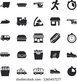 Solid vector icon set - hamburger flat vector, hot dog, pizza, French fries, store front, trucking, express delivery, ambulance, helicopter, sneakers, stopwatch, run, train fector, water scooter