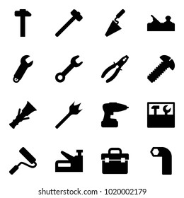 Solid vector icon set - hammer vector, sledgehammer, trowel, jointer, wrench, pliers, screw, dowel, wood drill, tool box, paint roller, stapler, allen key