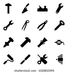 Solid vector icon set - hammer vector, trowel, jointer, wrench, plumber, pliers, screw, nail dowel, jack, paint roller, rasp, screwdriver, allen key set