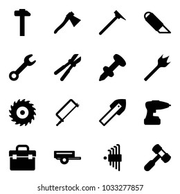 Solid vector icon set - hammer vector, axe, mason, work knife, wrench, bolt cutter, nail dowel, wood drill, saw disk, metal hacksaw, tile, tool box, trailer, allen key set, toy