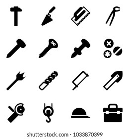Solid vector icon set - hammer vector, trowel, plumber, nail, screw, dowel, rivet, wood drill, metal hacksaw, tile, Angular grinder, winch, construction helmet, tool box