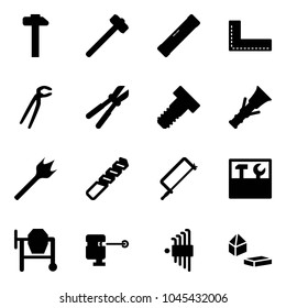 Solid vector icon set - hammer vector, sledgehammer, level, corner ruler, plumber, bolt cutter, dowel, wood drill, metal hacksaw, tool box, cocncrete mixer, laser lever, allen key set