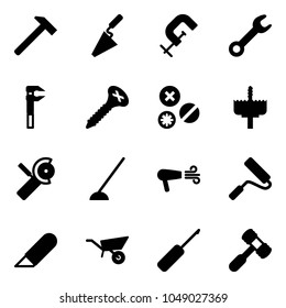 Solid vector icon set - hammer vector, trowel, clamp, wrench, screw, rivet, crown drill, Angular grinder, hoe, dryer, paint roller, work knife, wheelbarrow, awl, toy