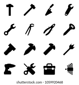 Solid vector icon set - hammer vector, sledgehammer, trowel, wrench, plumber, pliers, screw, bolt, wood drill, screwdriver, tool box, allen key set