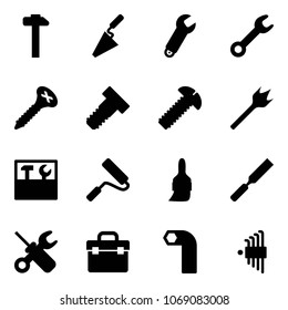 Solid vector icon set - hammer vector, trowel, wrench, screw, bolt, wood drill, tool box, paint roller, brush, rasp, screwdriver, allen key, set