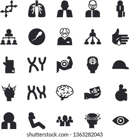 Solid vector icon set - hard hat flat vector, person, investments, team, disabled, injury, headache, chromosomes, sperm, lungs, hierarchy, businessman, scientist, dna, brain, fector, muscles, eye