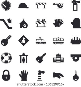 Solid vector icon set - hard hat flat vector, barrier, potholder, gloves, lighthouse, ambulance, helicopter, escalator fector, control gate, hospital, pets allowed, surveillance camera, security