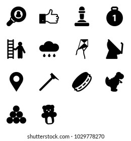 Solid vector icon set - head hunter vector, finger up, pawn, gold medal, opportunity, rain cloud, kite, satellite antenna, navigation pin, mason hammer, tambourine, dinosaur toy, billiards balls