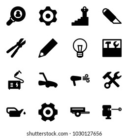 Solid vector icon set - head hunter vector, gear, success, work knife, bolt cutter, pencil, bulb, tool box, welding, lawn mower, dryer, wrench hammer, oiler, trailer, laser lever