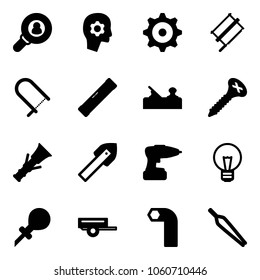 Solid vector icon set - head hunter vector, brain work, gear, bucksaw, fretsaw, level, jointer, screw, dowel, tile drill, bulb, oiler, trailer, allen key, forceps