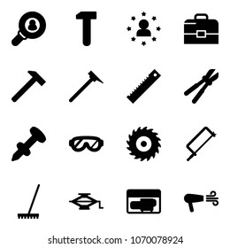 Solid vector icon set - head hunter vector, work, star man, case, hammer, mason, ruler, bolt cutter, nail dowel, protective glasses, saw disk, metal hacksaw, rake, jack, generator, dryer