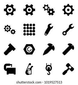 Solid vector icon set - heart gear vector, circuit, wrench, bolt, nut, screw, machine tool, winch, toy hammer