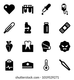 Solid vector icon set - heart vector, vial, pipette, drop counter, thermometer, lab, medical patch, tooth, mask, virus, pulse clipboard, doctor hat, forceps