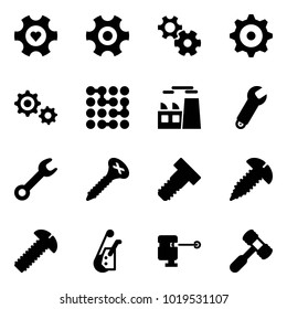 Solid vector icon set - heart gear vector, circuit, plant, wrench, screw, bolt, winch, laser lever, toy hammer