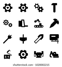 Solid vector icon set - heart gear vector, work, water power plant, conveyor, screw, wood drill, crown, tile, jig saw, welding, sharpening, excavator toy