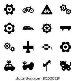 Solid vector icon set - heart gear vector, bike, road for moto sign, gears, limousine, hand wheel, skateboard, milling cutter, jack, car toy, baby, windmill, cat