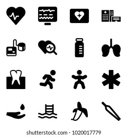 Solid vector icon set - heart pulse vector, diagnostic monitor, first aid kit, hospital building, tonometer, diagnosis, vial, lungs, tooth, run, gymnastics, ambulance star, drop hand, pool, banana