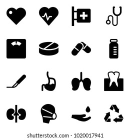 Solid vector icon set - heart vector, pulse, first aid room, stethoscope, floor scales, pill, pills, vial, scalpel, stomach, lungs, tooth, kidneys, medical mask, drop hand, recycling