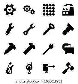 Solid vector icon set - heart gear vector, circuit, plant, wrench, screw, bolt, wood drill, machine tool, winch, laser lever, toy hammer
