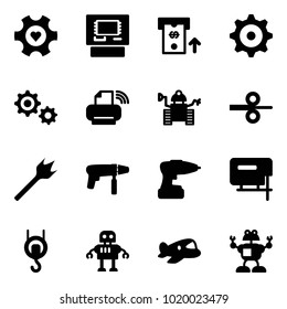 Solid vector icon set - heart gear vector, atm, printer wireless, robot, steel rolling, wood drill, machine, jig saw, winch, plane toy