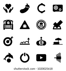 Solid vector icon set - heart care vector, eggplant, cent, safe, money chest, tunnel road sign, no dangerous cargo, check, target, growth, dollar, inflatable pool, dolphin, standby button, playback