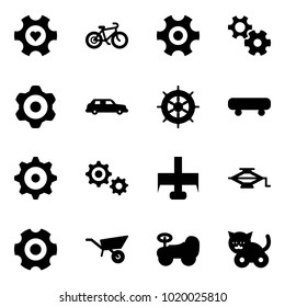 Solid vector icon set - heart gear vector, bike, limousine, hand wheel, skateboard, milling cutter, jack, wheelbarrow, baby car, toy cat
