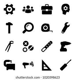 Solid vector icon set - heart gear vector, group, portfolio, brain work, hammer, magnifier, measuring tape, wrench, plumber, rivet, drill, machine tool, dryer, corner ruler, awl