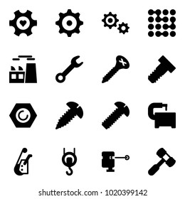Solid vector icon set - heart gear vector, circuit, plant, wrench, screw, bolt, nut, machine tool, winch, laser lever, toy hammer