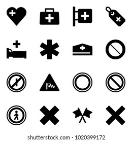 Solid vector icon set - heart vector, doctor bag, first aid room, medical label, hospital bed, ambulance star, hat, prohibition road sign, no parkin odd, side wind, pedestrian, delete cross, flags