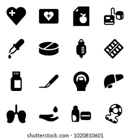 Solid vector icon set - heart vector, first aid kit, diet list, tonometer, pipette, pill, drop counter, pills blister, bottle, scalpel, mri, liver, lungs, hand, uv cream, teethers