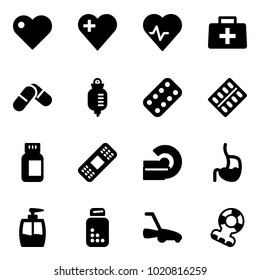 Solid vector icon set - heart vector, pulse, doctor bag, pills, drop counter, blister, bottle, medical patch, mri, stomach, liquid soap, lawn mower, teethers