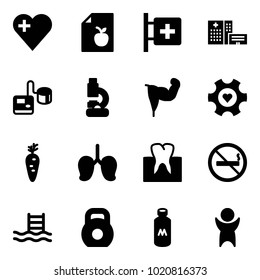 Solid vector icon set - heart vector, diet list, first aid room, hospital building, tonometer, lab, power hand, gear, carrot, lungs, tooth, no smoking sign, pool, weight, milk, success