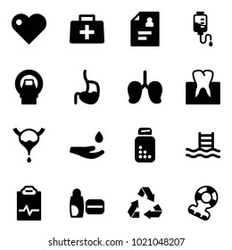 Solid vector icon set - heart vector, doctor bag, patient card, drop counter, mri, stomach, lungs, tooth, bladder, hand, pills bottle, pool, pulse clipboard, uv cream, recycling, teethers
