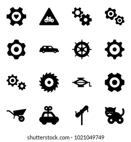 Solid vector icon set - heart gear vector, road for moto sign, gears, limousine, hand wheel, saw disk, jack, wheelbarrow, car toy, windmill, cat