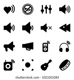 Solid vector icon set - heart beat vector, no horn road sign, settings, volume max, medium, low, off, fast backward, loudspeaker, music player, wireless headphones, speaker, record button, guitar