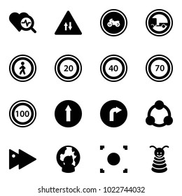 Solid vector icon set - heart diagnosis vector, oncoming traffic road sign, no moto, trailer, pedestrian, speed limit 20, 40, 70, 100, only forward, right, social, fast, man globe, record button