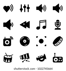 Solid vector icon set - heart beat vector, settings, volume max, medium, low, fast backward, music, microphone, wireless speaker, cd, record button, tambourine, drum, xylophone, horn toy, radio