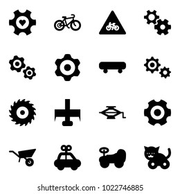 Solid vector icon set - heart gear vector, bike, road for moto sign, gears, skateboard, saw disk, milling cutter, jack, wheelbarrow, car toy, baby, cat