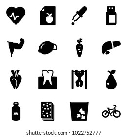 Solid vector icon set - heart pulse vector, diet list, pipette, pills bottle, power hand, lemon, carrot, liver, tooth, pull ups, pear, milk, breads, garbage, bike
