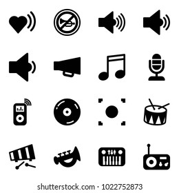 Solid vector icon set - heart beat vector, no horn road sign, volume max, medium, low, loudspeaker, music, microphone, player, cd, record button, drum, xylophone, toy, piano, radio