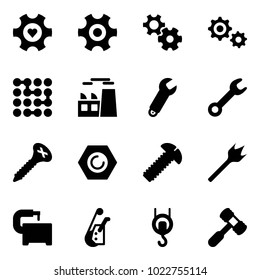Solid vector icon set - heart gear vector, circuit, plant, wrench, screw, nut, wood drill, machine tool, winch, toy hammer