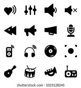 Solid vector icon set - heart beat vector, settings, low volume, off, fast backward, loudspeaker, microphone, music player, wireless headphones, cd, record button, guitar, drum, horn toy, radio
