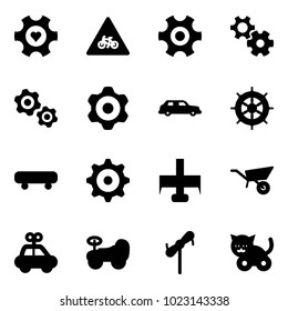 Solid vector icon set - heart gear vector, road for moto sign, gears, limousine, hand wheel, skateboard, milling cutter, wheelbarrow, car toy, baby, windmill, cat