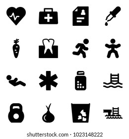 Solid vector icon set - heart pulse vector, doctor bag, patient card, pipette, carrot, tooth, run, gymnastics, abdominal muscles, ambulance star, pills bottle, pool, weight, onion, garbage