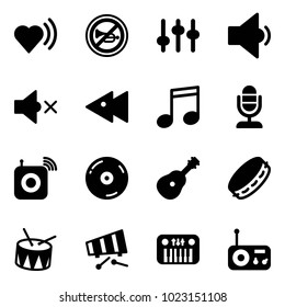 Solid vector icon set - heart beat vector, no horn road sign, settings, low volume, off, fast backward, music, microphone, wireless speaker, cd, guitar, tambourine, drum, xylophone, toy piano, radio