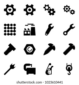 Solid vector icon set - heart gear vector, circuit, plant, wrench, bolt, nut, screw, wood drill, machine tool, winch