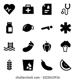 Solid vector icon set - heart pulse vector, doctor bag, patient card, stethoscope, pills bottle, lemon, push ups, ambulance star, pool, eggplant, sweet pepper, broccoli, spica, garbage, banana